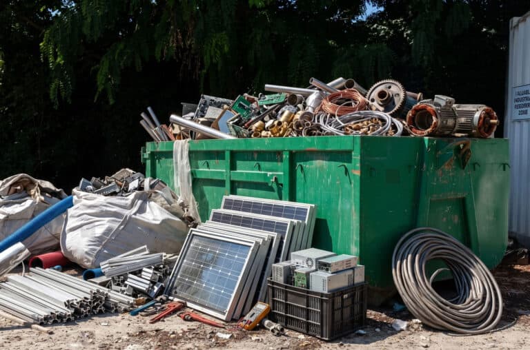 Large green dumpster filled with metal and electronic waste for recycling.