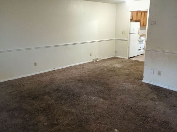 Empty living room with brown carpet and white walls in a residential property.