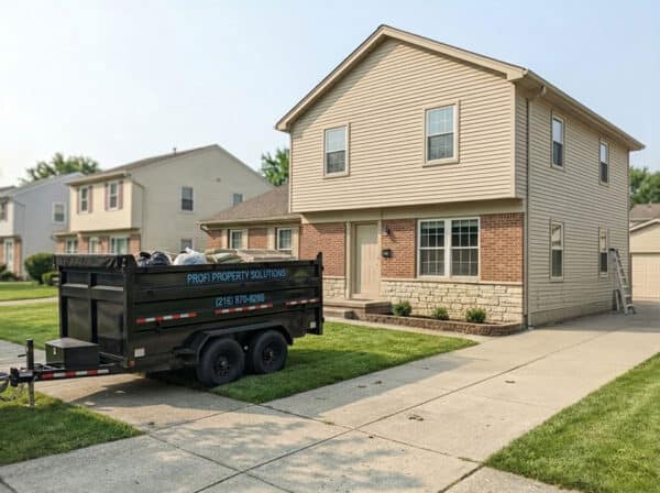 Residential property with Profi Property Solutions LLC branding trailer in front.