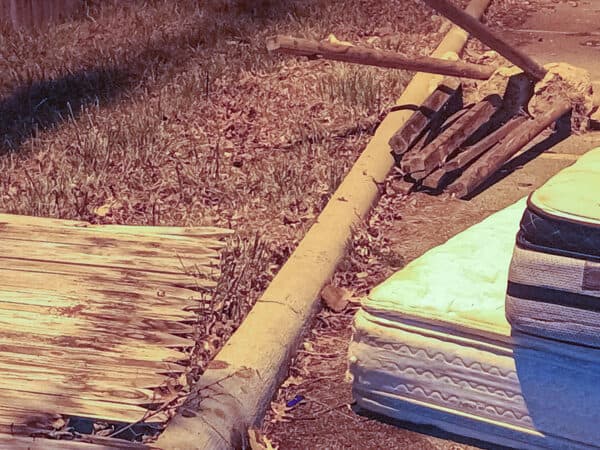 Outdoor scene with a fallen tree, mattress, and construction materials.