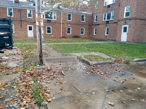 Apartment complex with sidewalk and fallen leaves in front.