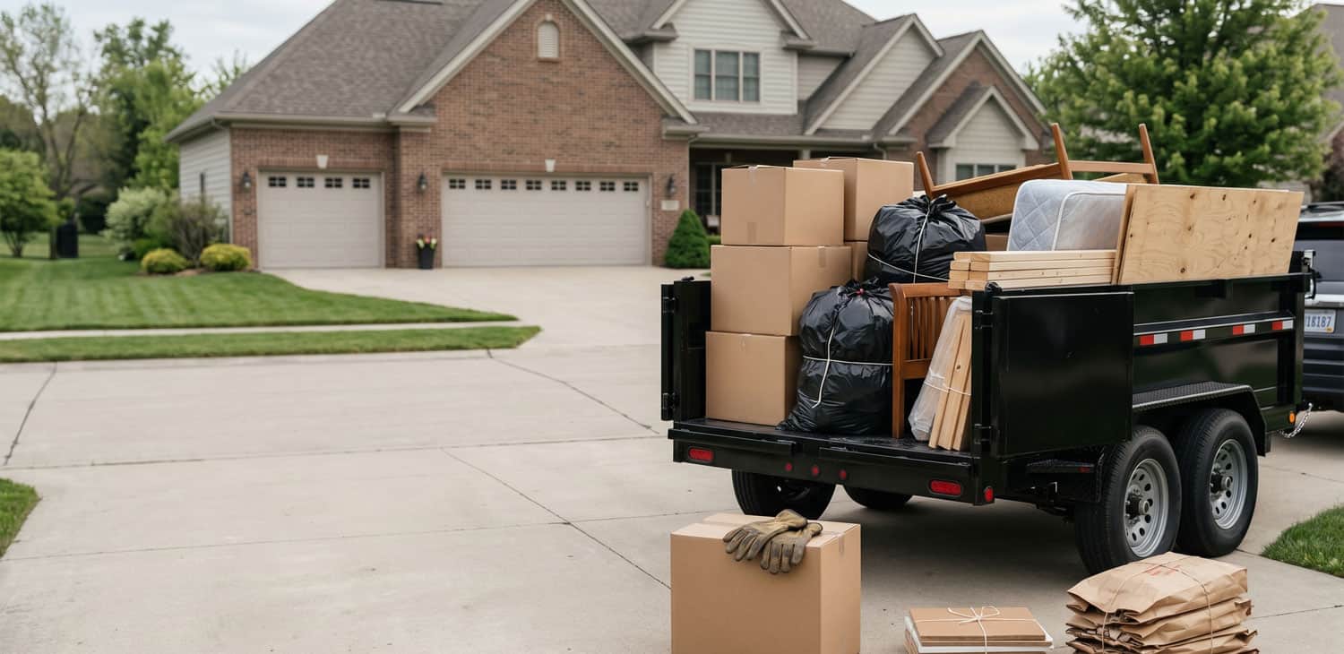 Moving truck loaded with boxes and furniture in front of a house.